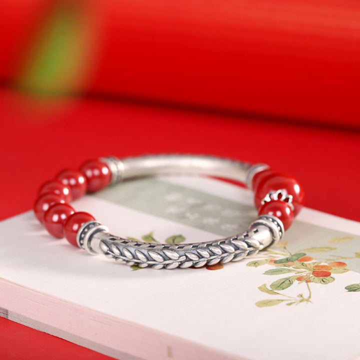 Pulsera de plata de ley 999 con Buddha Stones y espigas de trigo y cinabrio