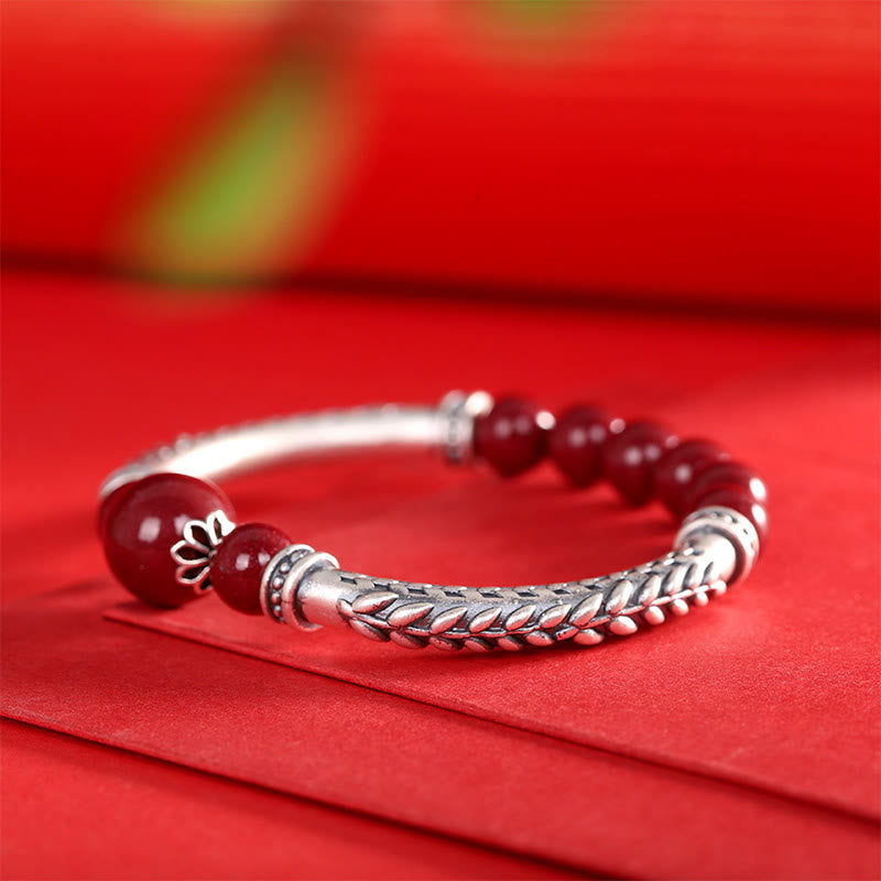 Pulsera de plata de ley 999 con Buddha Stones y espigas de trigo y cinabrio