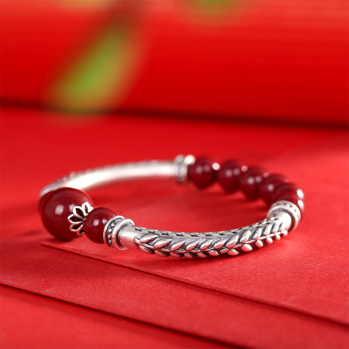 Pulsera de plata de ley 999 con Buddha Stones y espigas de trigo y cinabrio