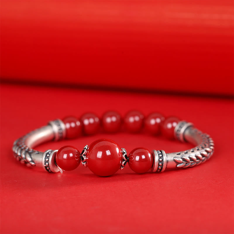 Pulsera de plata de ley 999 con Buddha Stones y espigas de trigo y cinabrio