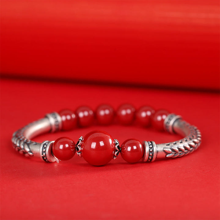 Pulsera de plata de ley 999 con Buddha Stones y espigas de trigo y cinabrio