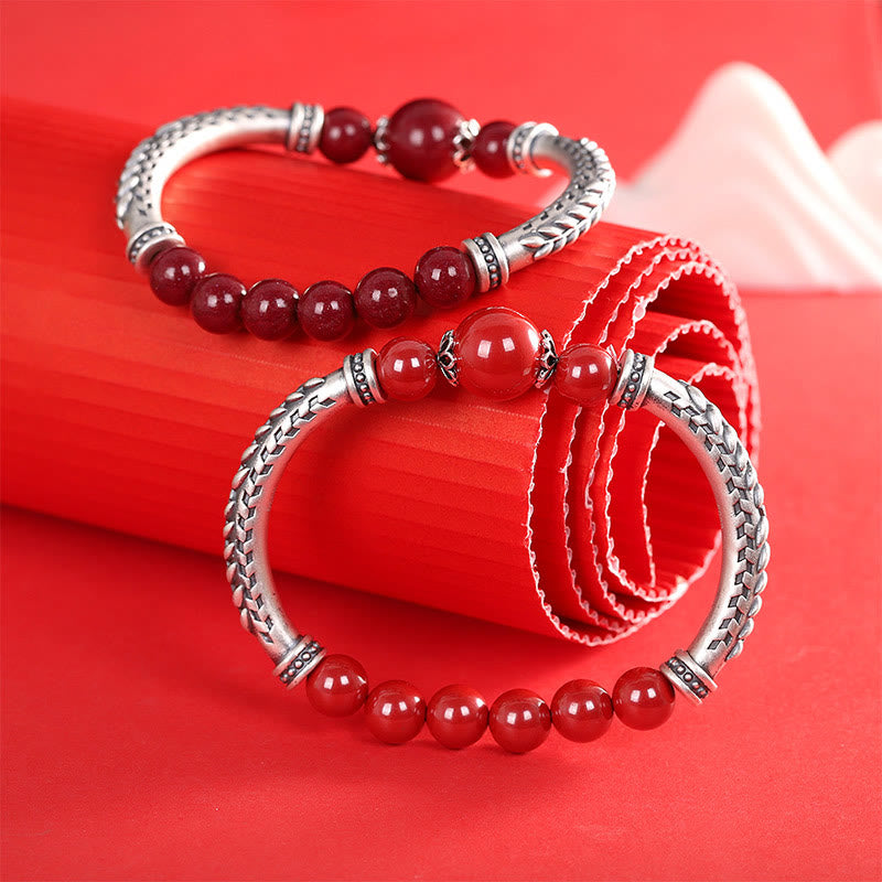 Pulsera de plata de ley 999 con Buddha Stones y espigas de trigo y cinabrio