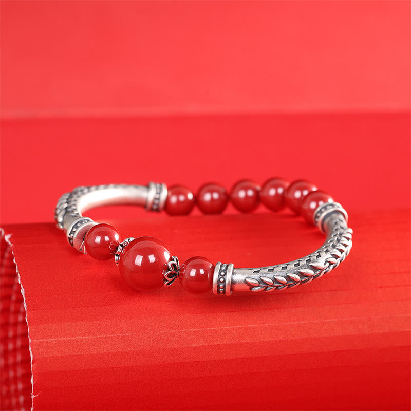 Pulsera de plata de ley 999 con Buddha Stones y espigas de trigo y cinabrio