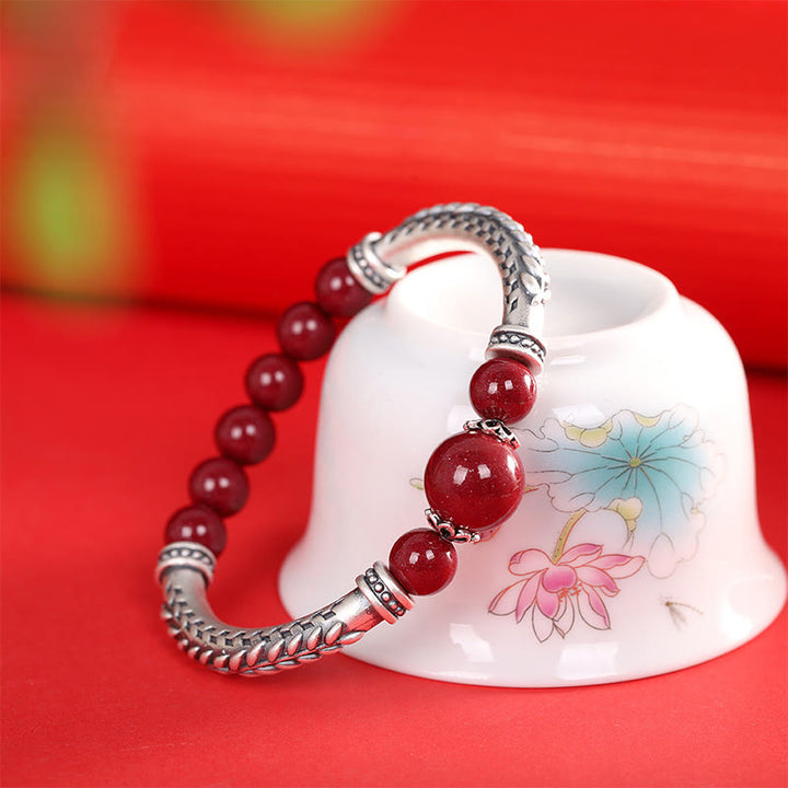 Pulsera de plata de ley 999 con Buddha Stones y espigas de trigo y cinabrio