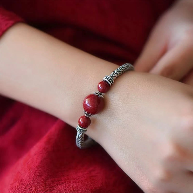 Pulsera de plata de ley 999 con Buddha Stones y espigas de trigo y cinabrio