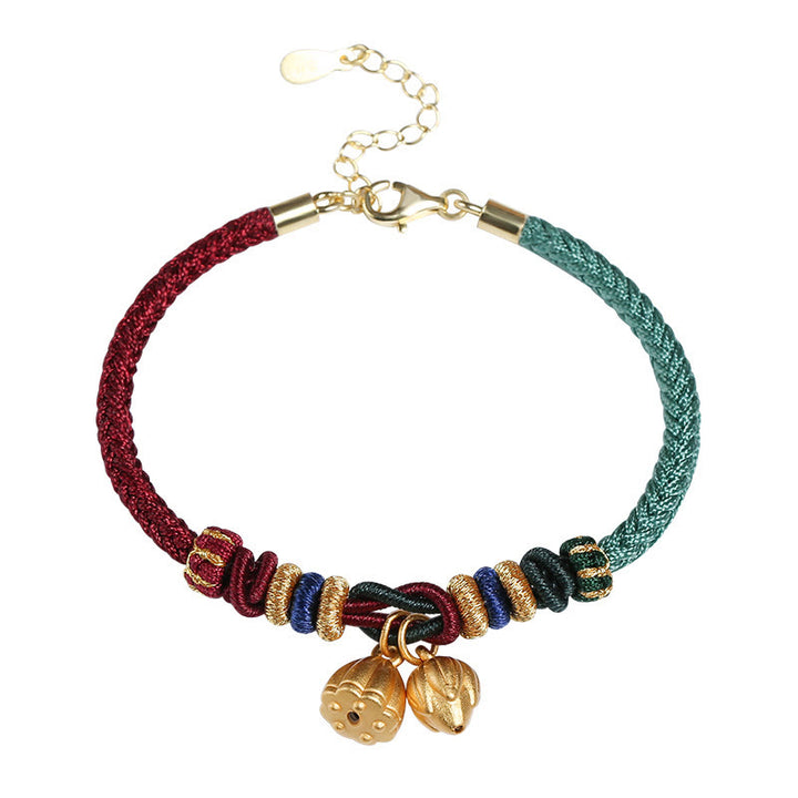 Pulsera de hilo rojo y verde con diseño de vaina de loto y Buddha Stones en plata de ley 999