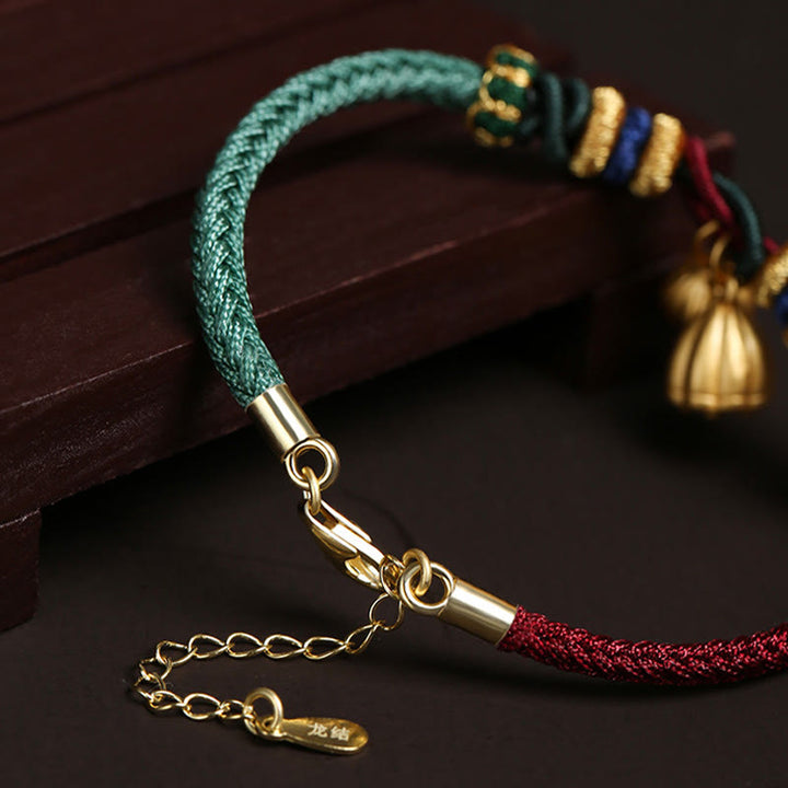Pulsera de hilo rojo y verde con diseño de vaina de loto y Buddha Stones en plata de ley 999