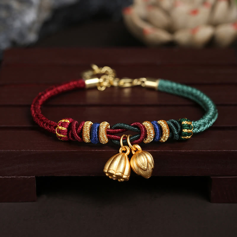 Pulsera de hilo rojo y verde con diseño de vaina de loto y Buddha Stones en plata de ley 999