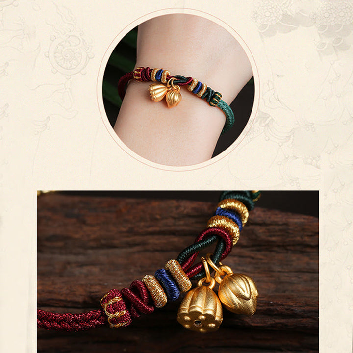 Pulsera de hilo rojo y verde con diseño de vaina de loto y Buddha Stones en plata de ley 999