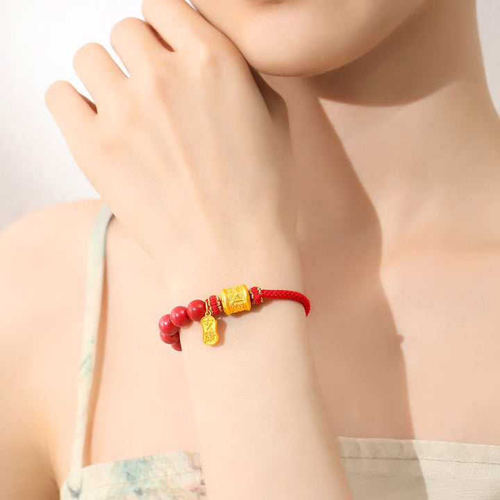 Pulsera de hilo con bendición de cinabrio Om Mani Padme Hum de seis palabras verdaderas en plata de ley 999 con Buddha Stones