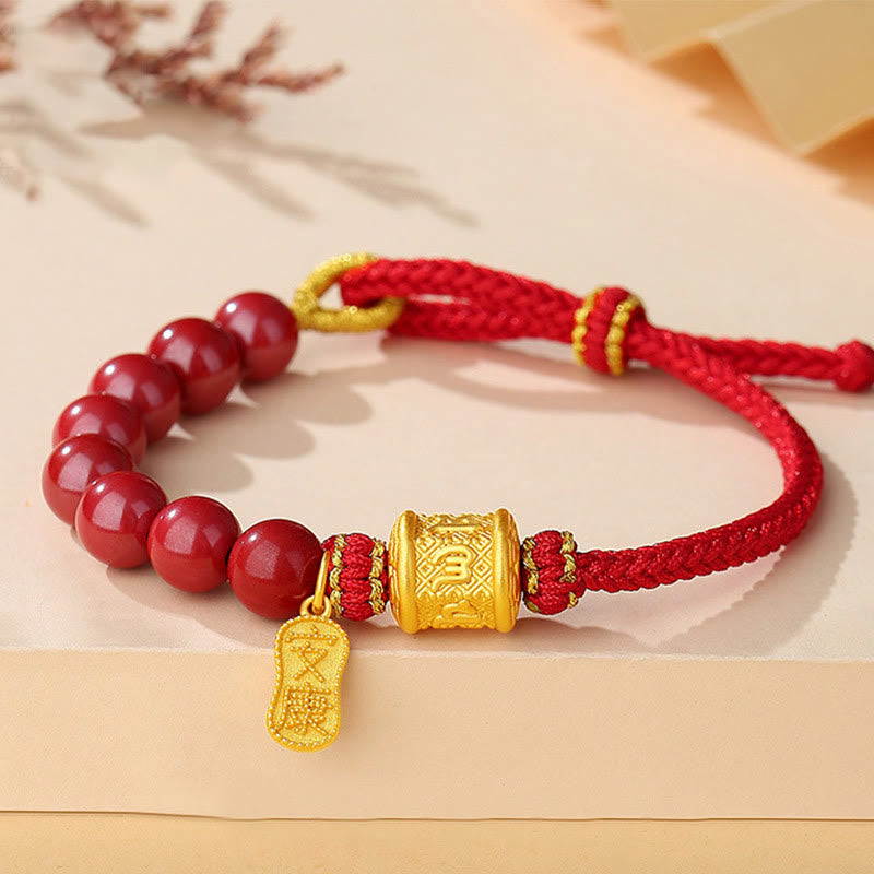 Pulsera de hilo con bendición de cinabrio Om Mani Padme Hum de seis palabras verdaderas en plata de ley 999 con Buddha Stones - Cinabrio (Circunferencia de la muñeca: 14-25 cm) - image 0