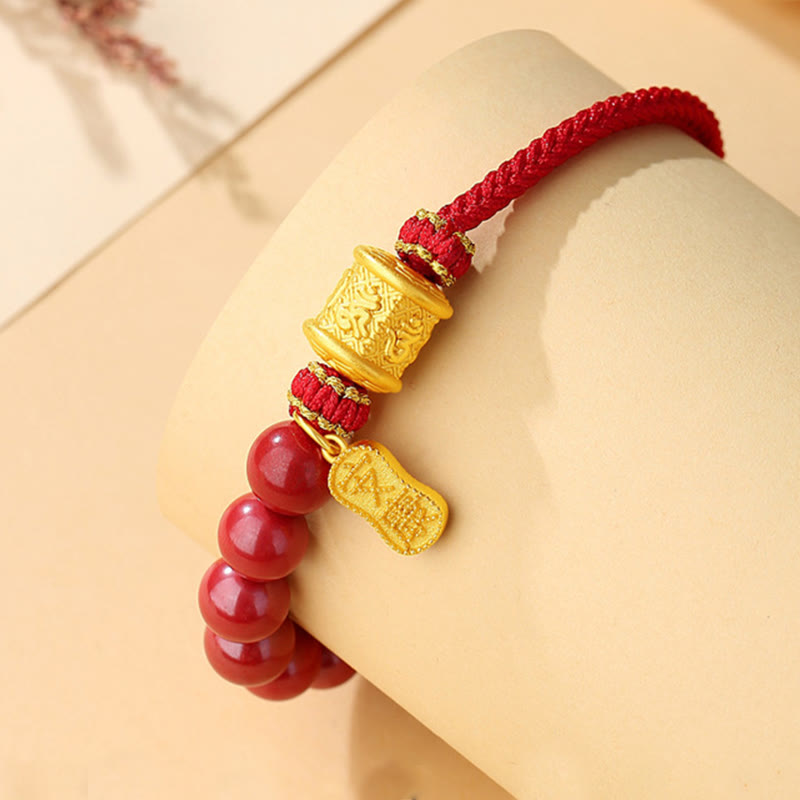 Pulsera de hilo con bendición de cinabrio Om Mani Padme Hum de seis palabras verdaderas en plata de ley 999 con Buddha Stones