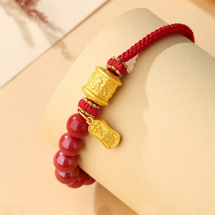 Pulsera de hilo con bendición de cinabrio Om Mani Padme Hum de seis palabras verdaderas en plata de ley 999 con Buddha Stones