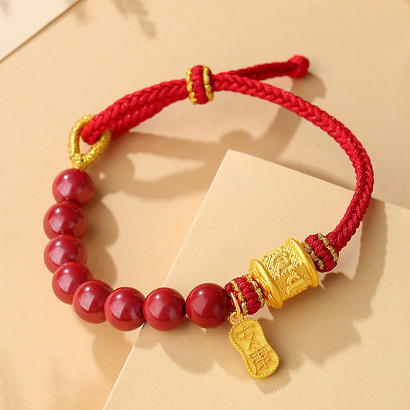 Pulsera de hilo con bendición de cinabrio Om Mani Padme Hum de seis palabras verdaderas en plata de ley 999 con Buddha Stones