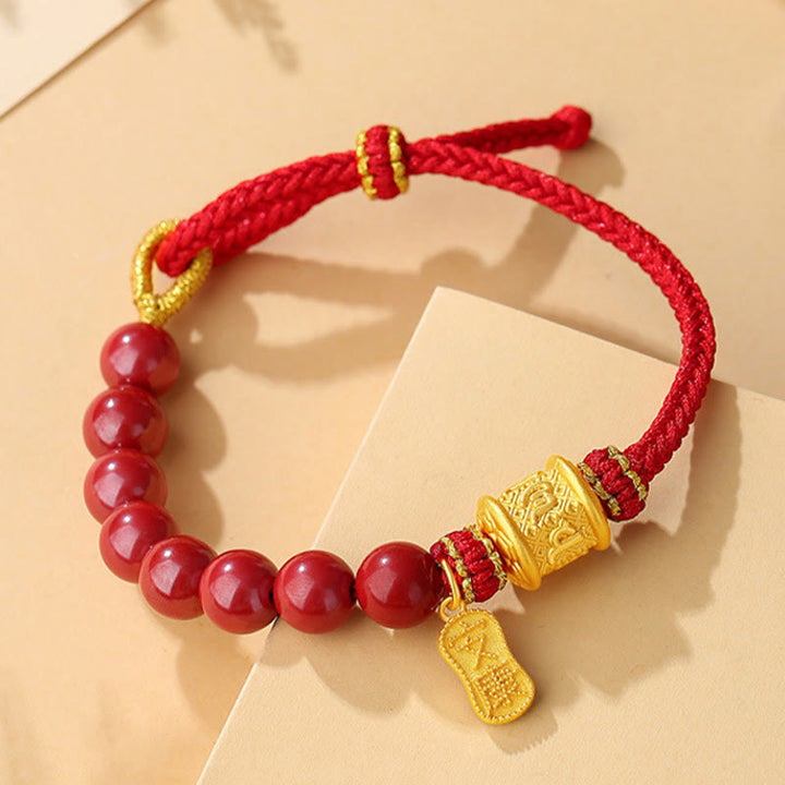 Pulsera de hilo con bendición de cinabrio Om Mani Padme Hum de seis palabras verdaderas en plata de ley 999 con Buddha Stones