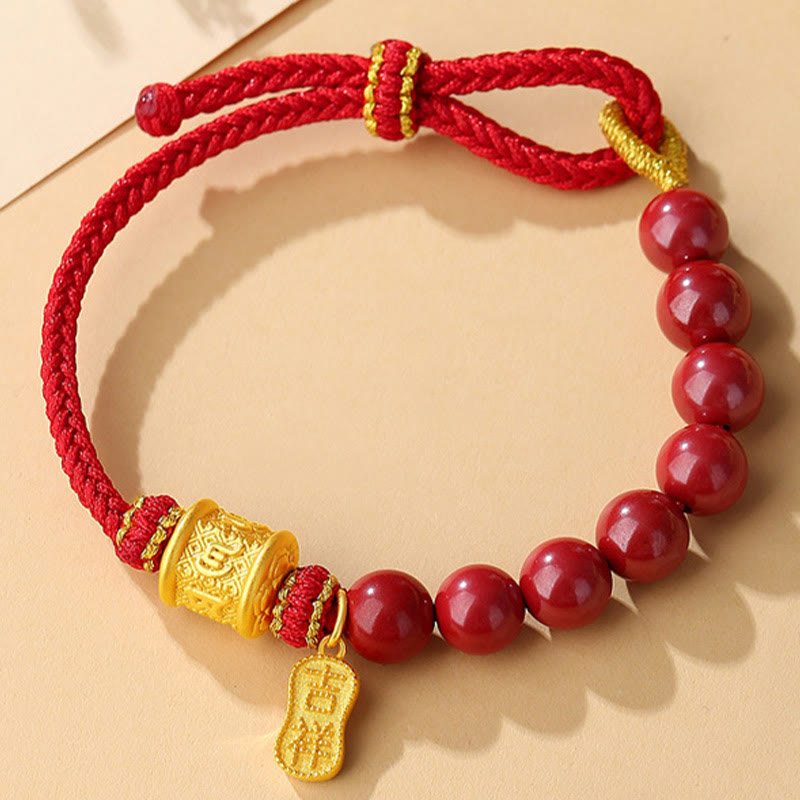Pulsera de hilo con bendición de cinabrio Om Mani Padme Hum de seis palabras verdaderas en plata de ley 999 con Buddha Stones