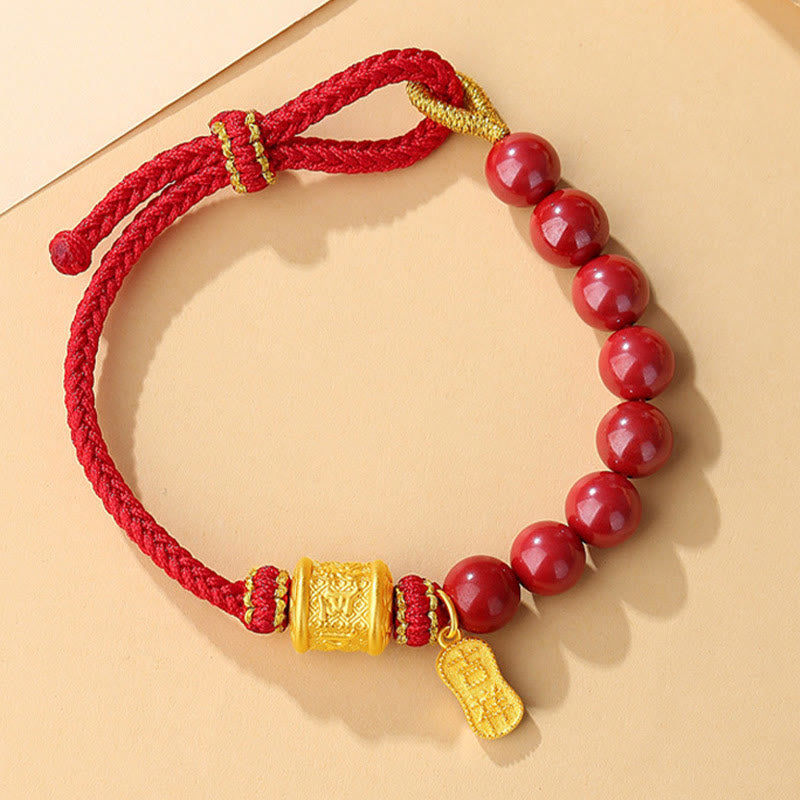 Pulsera de hilo con bendición de cinabrio Om Mani Padme Hum de seis palabras verdaderas en plata de ley 999 con Buddha Stones