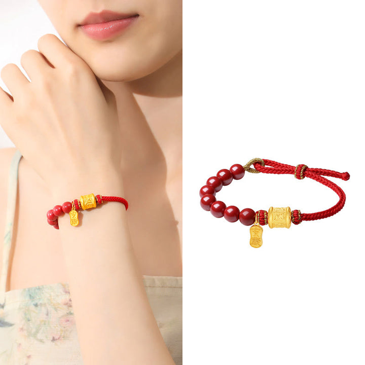 Pulsera de hilo con bendición de cinabrio Om Mani Padme Hum de seis palabras verdaderas en plata de ley 999 con Buddha Stones