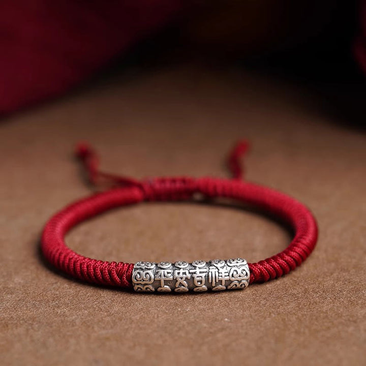 Pulsera de cuerda de la suerte Om Mani Padme Hum con Buddha Stones hecha a mano en plata de ley 999 - Rojo oscuro (circunferencia de la muñeca 14-20 cm) - Paz y buena fortuna - image 0