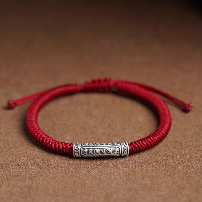 Pulsera de cuerda de la suerte Om Mani Padme Hum con Buddha Stones hecha a mano en plata de ley 999 - Rojo oscuro (circunferencia de la muñeca 14-20 cm) - Om Mani Padme Hum - image 17