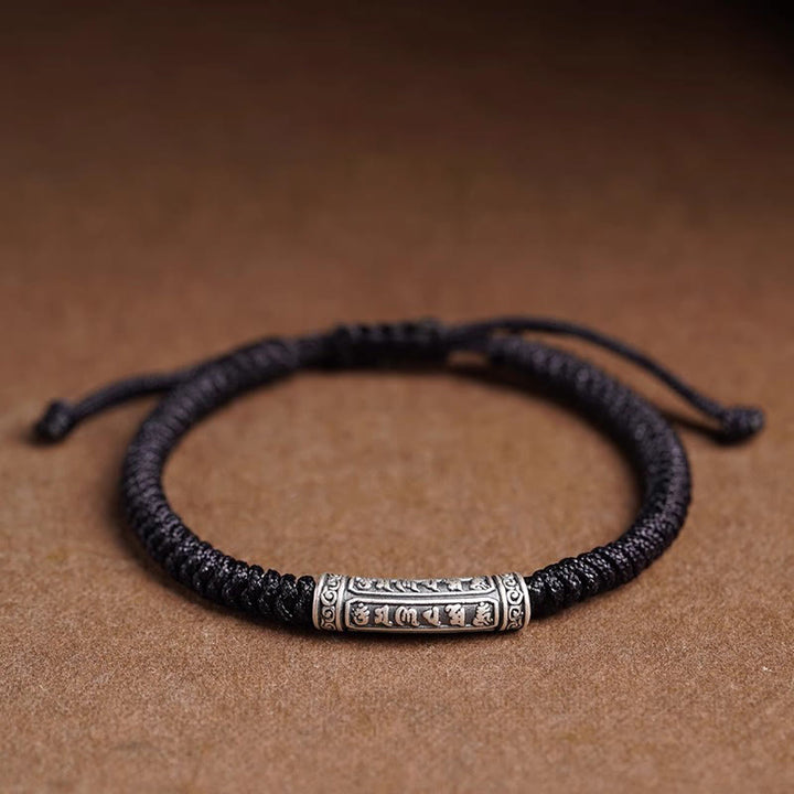 Pulsera de cuerda de la suerte Om Mani Padme Hum con Buddha Stones hecha a mano en plata de ley 999