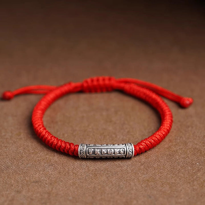 Pulsera de cuerda de la suerte Om Mani Padme Hum con Buddha Stones hecha a mano en plata de ley 999