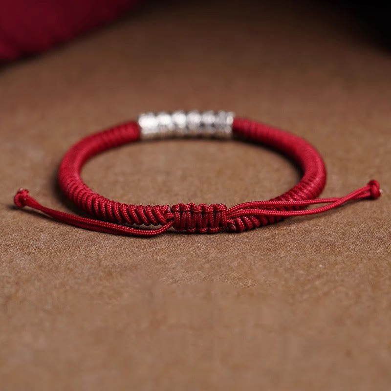 Pulsera de cuerda de la suerte Om Mani Padme Hum con Buddha Stones hecha a mano en plata de ley 999