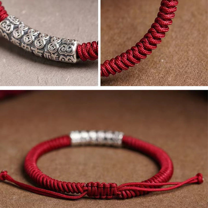 Pulsera de cuerda de la suerte Om Mani Padme Hum con Buddha Stones hecha a mano en plata de ley 999