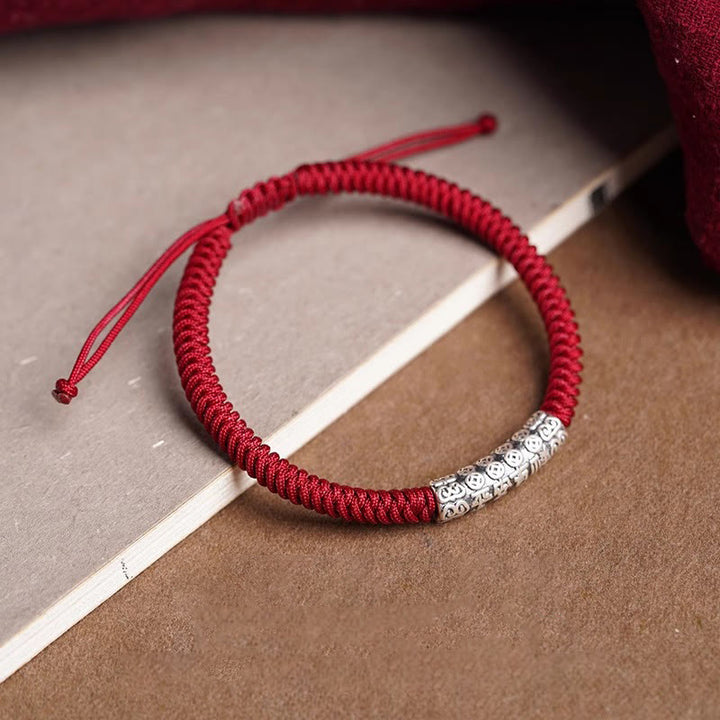 Pulsera de cuerda de la suerte Om Mani Padme Hum con Buddha Stones hecha a mano en plata de ley 999