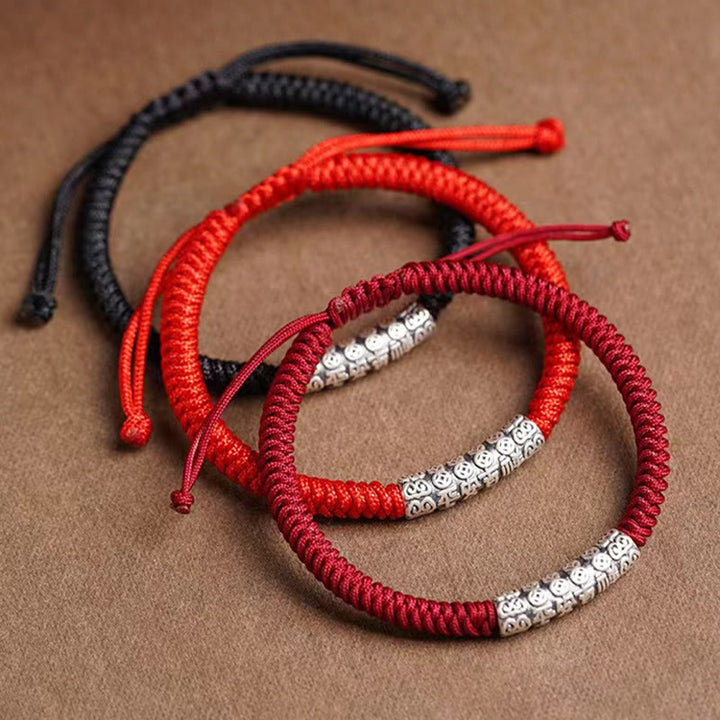 Pulsera de cuerda de la suerte Om Mani Padme Hum con Buddha Stones hecha a mano en plata de ley 999