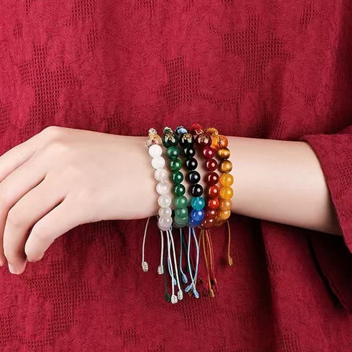 Pulsera trenzada con nudo de reencarnación de la riqueza y ágata de cristal con cinco elementos y Buddha Stones