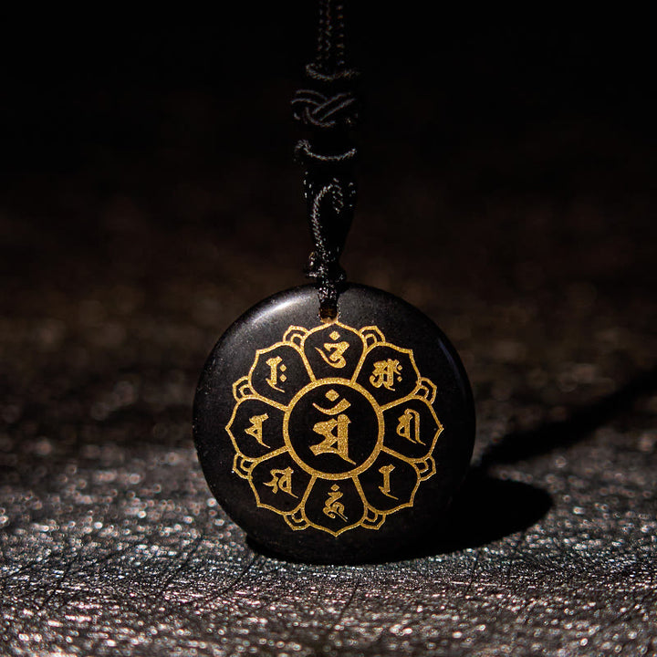Collar con colgante de fuerza de obsidiana negra, Buddha Stones Om Mani Padme Hum naturales, varios cristales