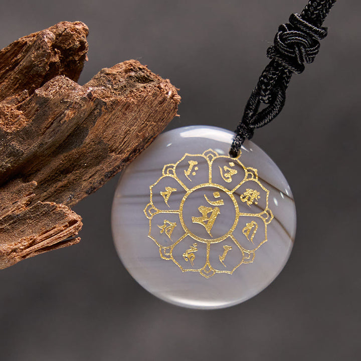 Collar con colgante de fuerza de obsidiana negra, Buddha Stones Om Mani Padme Hum naturales, varios cristales