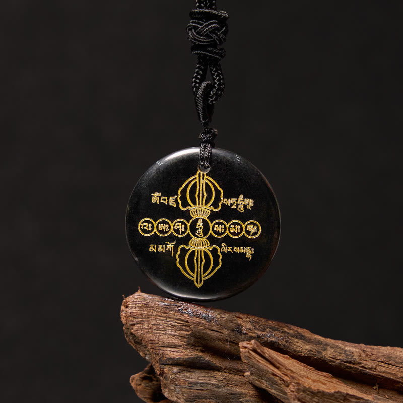 Buddha Stones Vajra Dorje patrón sánscrito Natural varios cristales negro obsidiana cumplimiento collar colgante - Obsidiana Negra - image 0