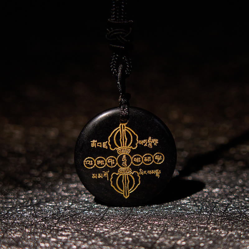 Buddha Stones Vajra Dorje patrón sánscrito Natural varios cristales negro obsidiana cumplimiento collar colgante