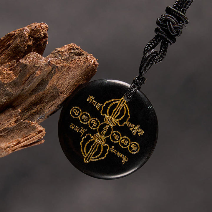 Buddha Stones Vajra Dorje patrón sánscrito Natural varios cristales negro obsidiana cumplimiento collar colgante