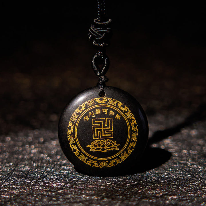 Colgante de collar de purificación de obsidiana negra de cristal Natural con diseño de loto y esvástica de Buddha Stones