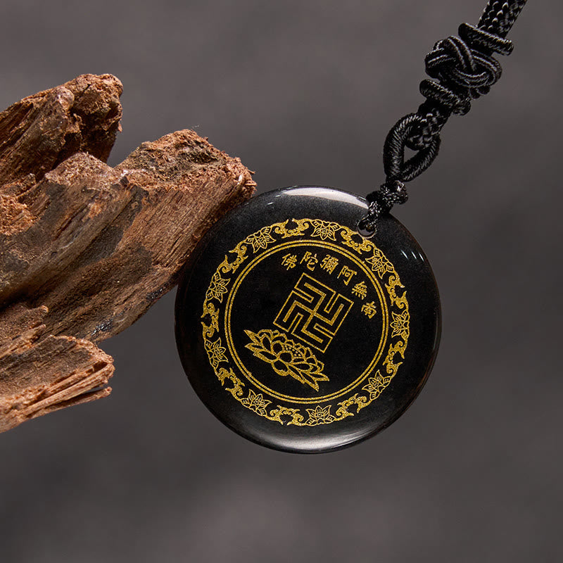 Colgante de collar de purificación de obsidiana negra de cristal Natural con diseño de loto y esvástica de Buddha Stones
