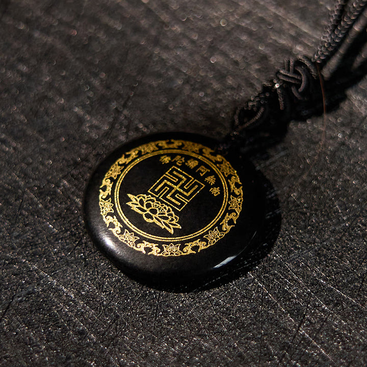Colgante de collar de purificación de obsidiana negra de cristal Natural con diseño de loto y esvástica de Buddha Stones