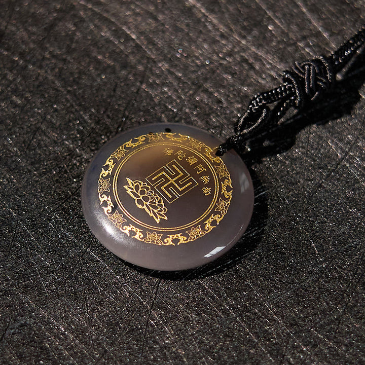 Colgante de collar de purificación de obsidiana negra de cristal Natural con diseño de loto y esvástica de Buddha Stones