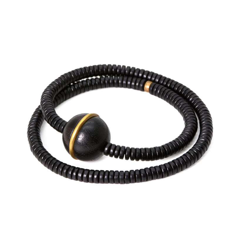 Pulsera de doble vuelta con forma de cubo y bola de equilibrio de latón, cobre y madera de ébano y Buddha Stones