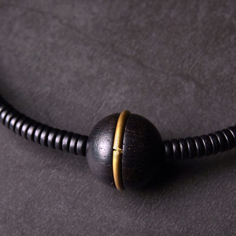 Pulsera de doble vuelta con forma de cubo y bola de equilibrio de latón, cobre y madera de ébano y Buddha Stones