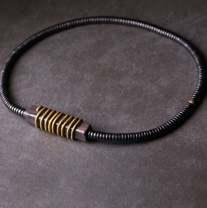 Pulsera de doble vuelta con forma de cubo y bola de equilibrio de latón, cobre y madera de ébano y Buddha Stones