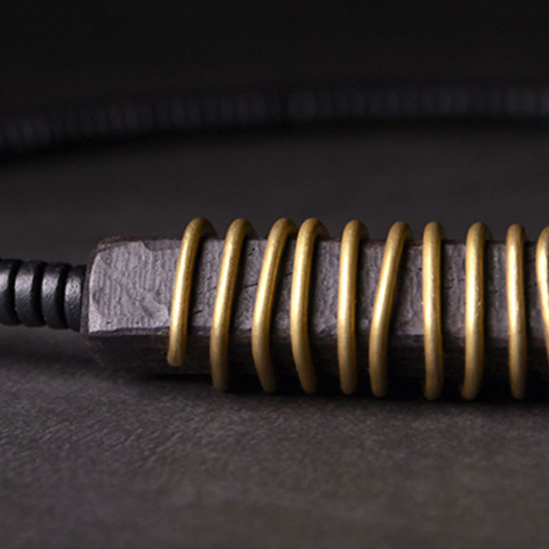 Pulsera de doble vuelta con forma de cubo y bola de equilibrio de latón, cobre y madera de ébano y Buddha Stones