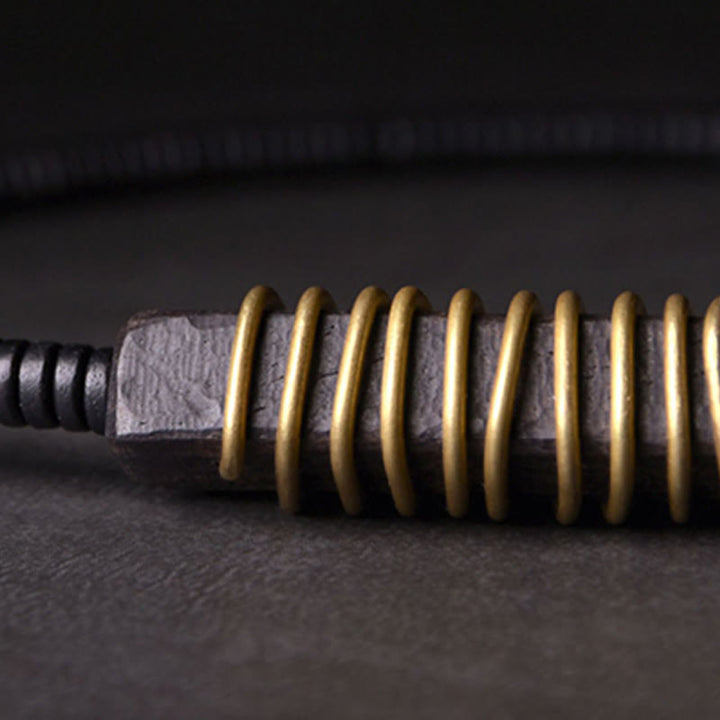 Pulsera de doble vuelta con forma de cubo y bola de equilibrio de latón, cobre y madera de ébano y Buddha Stones