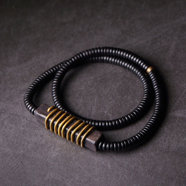 Pulsera de doble vuelta con forma de cubo y bola de equilibrio de latón, cobre y madera de ébano y Buddha Stones