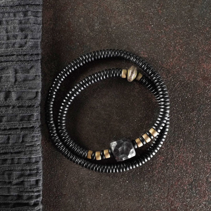 Pulsera de doble vuelta con Buddha Stones, madera de ébano, cobre y latón