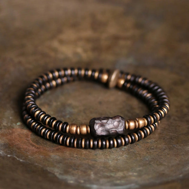 Pulsera de doble vuelta con Buddha Stones, madera de ébano, sándalo verde, cobre y latón