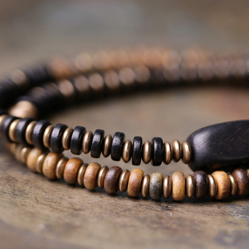 Pulsera de doble vuelta con Buddha Stones, madera de ébano, sándalo verde, cobre y latón
