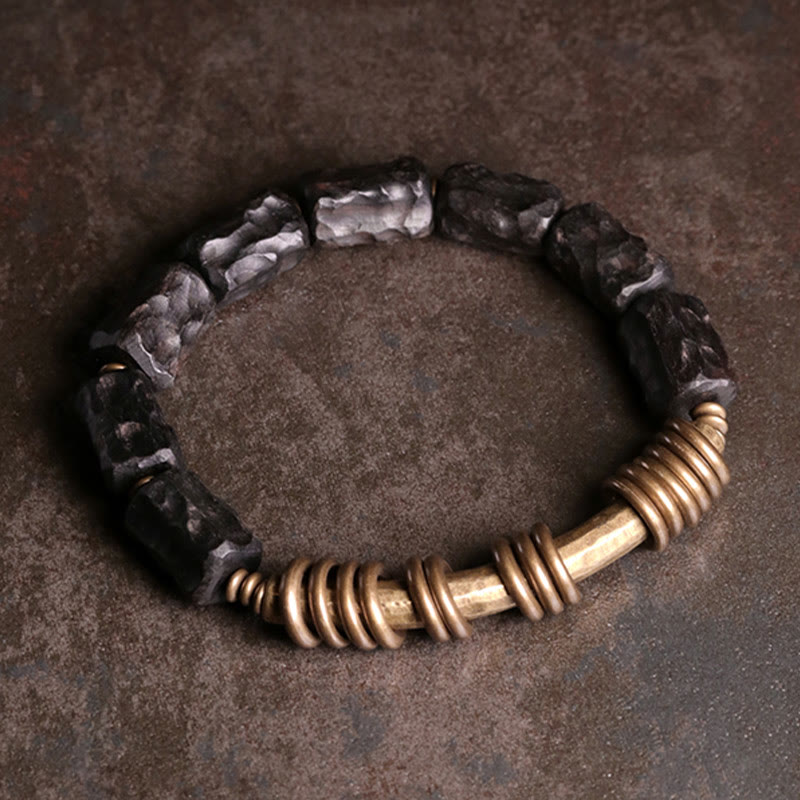 Pulsera de la paz con anillo circular de cobre, latón, madera y ébano con Buddha Stones